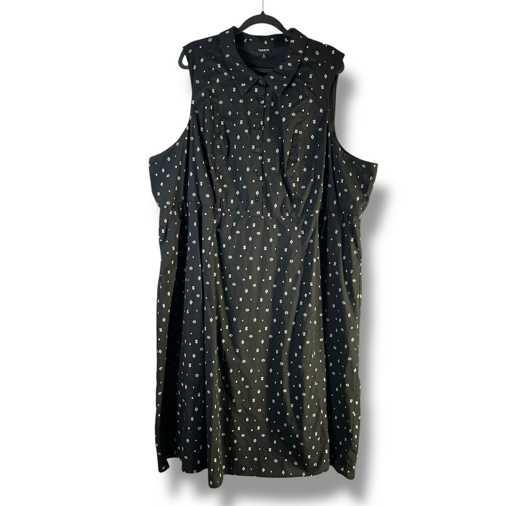 Torrid Sz 5 Black Geo-Symbols Midi Poplin‎ Collared Shirtdress Bewitched Boho